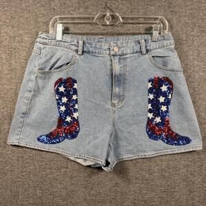 Fantastic Fawn Shorts Womens Large Blue Denim Mom Sequin USA Cowboy Boots Y2K